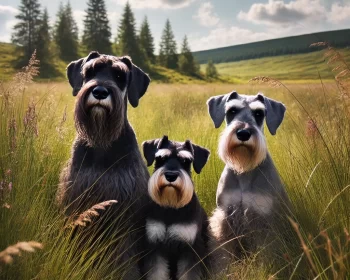 A giant, standard, and mini schnauzer sitting together outdoors in a natural setting on a bright summer day